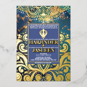 Invitación Con Relieve Metalizado Lujo Glitter Azul Sikh Anand Karaj Indio