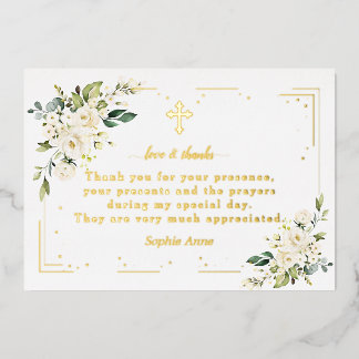 Invitación Con Relieve Metalizado Lujo Gracias por el Bautizo de Flores Blancas con