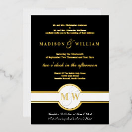 Invitación Con Relieve Metalizado Lujo Monograma Boda Moderna Negro y Oro Hoja I