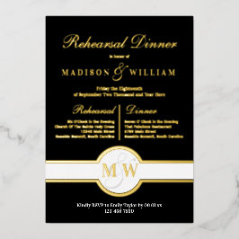 Invitación Con Relieve Metalizado Lujo Monograma Ensayo Cena Negro Y Oro