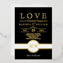 Invitación Con Relieve Metalizado Lujo Monograma Festa de Compromiso LOVE Negro y Do
