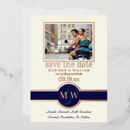 Invitación Con Relieve Metalizado Lujo Monograma Foto Guardar Fecha Navy Rosa Dorado