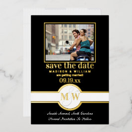 Invitación Con Relieve Metalizado Lujo Monograma Foto Guardar La Fecha Negro Y Dorad