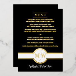 Invitación Con Relieve Metalizado Lujo Monograma Menú Moderno Elegante Negro y Dorad