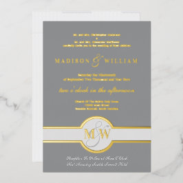 Invitación Con Relieve Metalizado Lujo Monograma Moderno Bodas Gris y Dorado