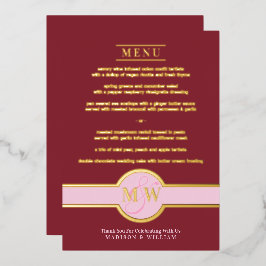 Invitación Con Relieve Metalizado Lujo Monograma Moderno Menú Elegante Burdeos Dorad