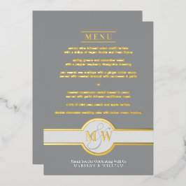 Invitación Con Relieve Metalizado Lujo Monograma Moderno Menú Elegante Gris y Dorado