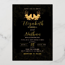 Invitación Con Relieve Metalizado Lujo Negro y Dorado Patrón Floral de Aves