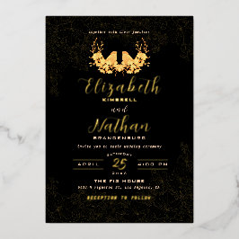 Invitación Con Relieve Metalizado Lujo patrón floral de aves negro y dorado