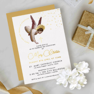 Invitación Con Relieve Metalizado Lujo Simple Ángel de Bautizo en Oro Blanco con Let