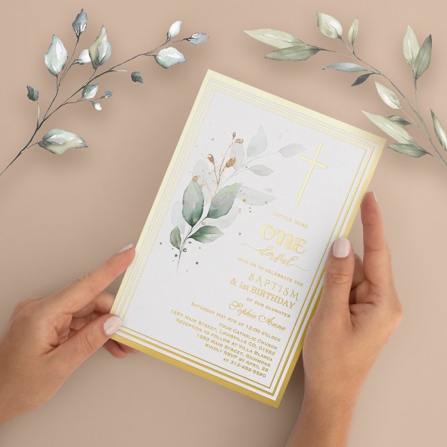 Invitación Con Relieve Metalizado Lujo Verde Eucalyptus Primer Baptismo de Cumpleaño (Subido por el creador)