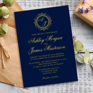 Invitación Con Relieve Metalizado Lujosa Boda de Lujo en Azul Marino con Monograma d