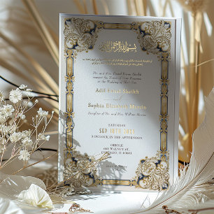 Invitación Con Relieve Metalizado Lujosa Boda Islámica Crema Oro Azul Marino