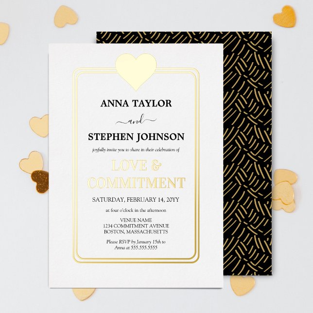 Invitación Con Relieve Metalizado Lujosa ceremonia de amor y compromiso de Gold Hear (Elegant foil gold heart commitment ceremony invitation front and back view.)