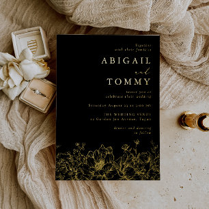 Invitación Con Relieve Metalizado Lujosa Floral Moderna Negra Boda Dorada