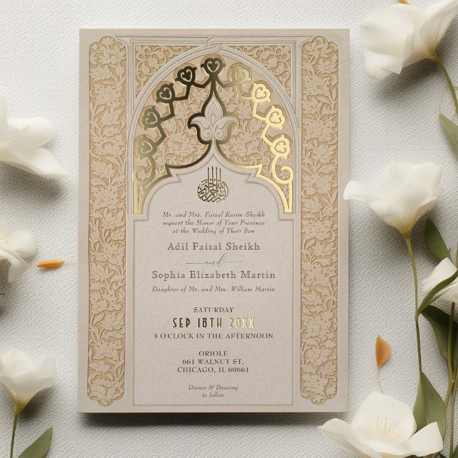 Invitación Con Relieve Metalizado Lujoso Boda Lace Islámico Off-White (Subido por el creador)