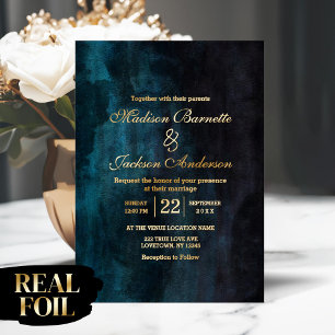 Invitación Con Relieve Metalizado Lujoso Oro Real Acuarela Oscura para Boda