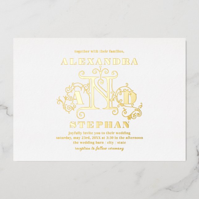 Invitación Con Relieve Metalizado Lujoso Romántico Flourish Caligraphy Boda Gold (Anverso)