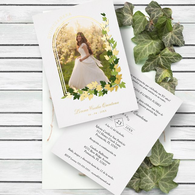 Invitación Con Relieve Metalizado Lujoso Romántico Ivy Arch Foto Española Quinceañer (Subido por el creador)
