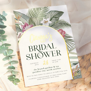 Invitación Con Relieve Metalizado Luminoso Arco Floral Tropical Moderno Ducha Bridal