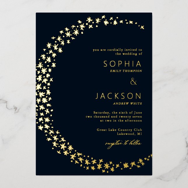 Invitación Con Relieve Metalizado Luna de Estrellas Boda Negro (Anverso)
