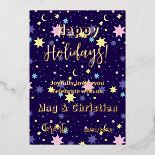 Invitación Con Relieve Metalizado Luna y estrellas.