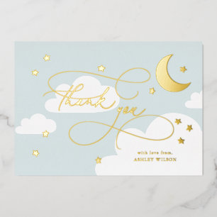 Invitación Con Relieve Metalizado Luna y Estrellas Azul Escritura Bebe Gracias