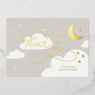 Invitación Con Relieve Metalizado Luna y Estrellas Gris Bebé Gracias Script