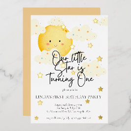 Invitación Con Relieve Metalizado Luna y Estrellas Primer cumpleaños