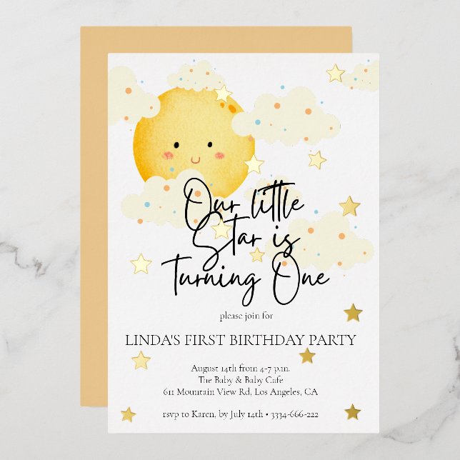 Invitación Con Relieve Metalizado Luna y Estrellas Primer cumpleaños (Anverso/Reverso)