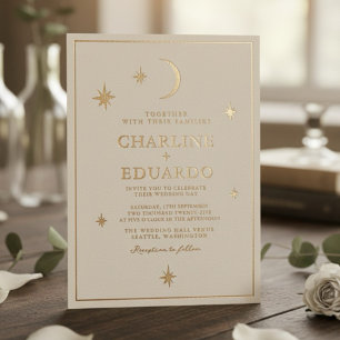 Invitación Con Relieve Metalizado Luna y Estrellas Signo Celeste Dorado Boda