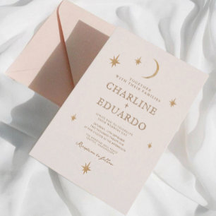 Invitación Con Relieve Metalizado Luna y Estrellas Signo Estelar Celeste Bodas de Or