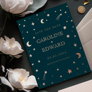 Invitación Con Relieve Metalizado Luna y Estrellas Signo Estelar Celeste Bodas de Or