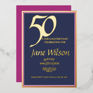 Invitación Con Relieve Metalizado Lux Navy, rosa y pan de oro 50th 