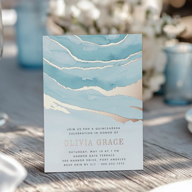 Invitación Con Relieve Metalizado Luxe Aqua Marble Quinceanera (Subido por el creador)