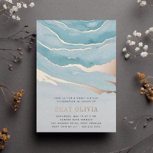 Invitación Con Relieve Metalizado Luxe Aqua Marble Sweet Dieciséis Cumpleaños