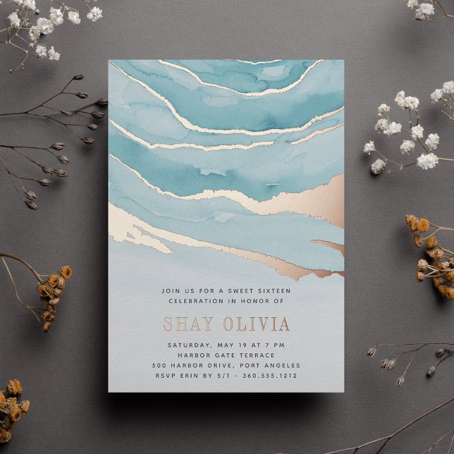 Invitación Con Relieve Metalizado Luxe Aqua Marble Sweet Dieciséis Cumpleaños (Subido por el creador)