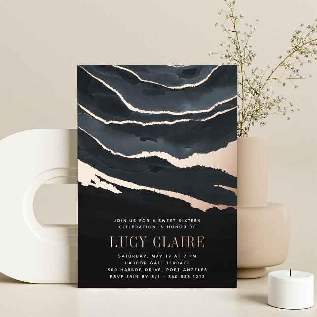 Invitación Con Relieve Metalizado Luxe Dark Marble Sweet Dieciséis Cumpleaños (Subido por el creador)