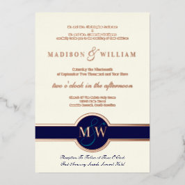 Invitación Con Relieve Metalizado Luxe Monograma Boda moderno Rosa de oro