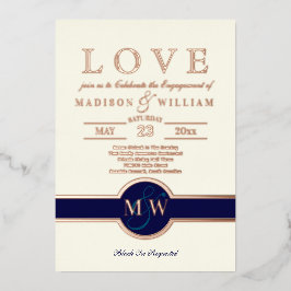 Invitación Con Relieve Metalizado Luxe Monograma LOVE Partido de compromiso de la Ma
