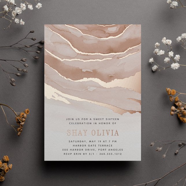 Invitación Con Relieve Metalizado Luxe Neutral Marble Sweet Dieciséis Cumpleaños (Subido por el creador)