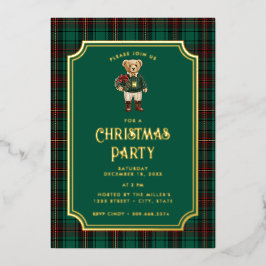 Invitación Con Relieve Metalizado Luxe Preppy Plaid Christmas Teddy Bear