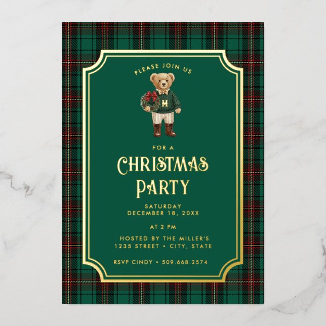 Invitación Con Relieve Metalizado Luxe Preppy Plaid Christmas Teddy Bear (Anverso)