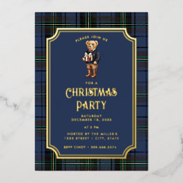Invitación Con Relieve Metalizado Luxe Preppy Plaid Christmas Teddy Bear