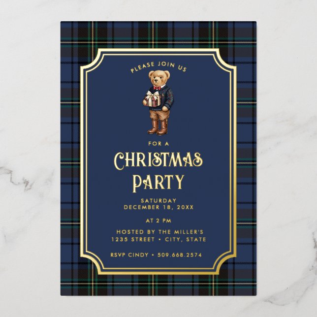 Invitación Con Relieve Metalizado Luxe Preppy Plaid Christmas Teddy Bear (Anverso)