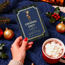 Invitación Con Relieve Metalizado Luxe Preppy Plaid Christmas Teddy Bear