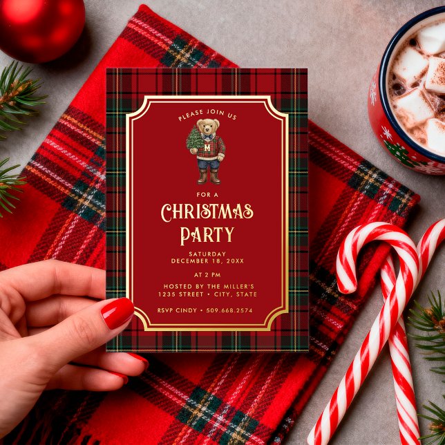 Invitación Con Relieve Metalizado Luxe Preppy Plaid Christmas Teddy Bear (Subido por el creador)