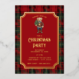 Invitación Con Relieve Metalizado Luxe Preppy Plaid Christmas Teddy Bear