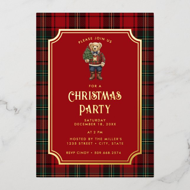 Invitación Con Relieve Metalizado Luxe Preppy Plaid Christmas Teddy Bear (Anverso)