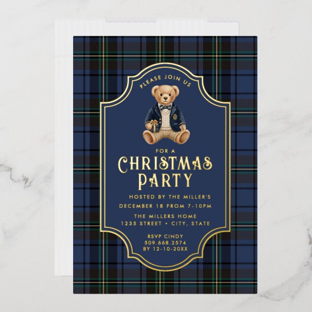 Invitación Con Relieve Metalizado Luxe Preppy Plaid Christmas Teddy Bear (Sobre)